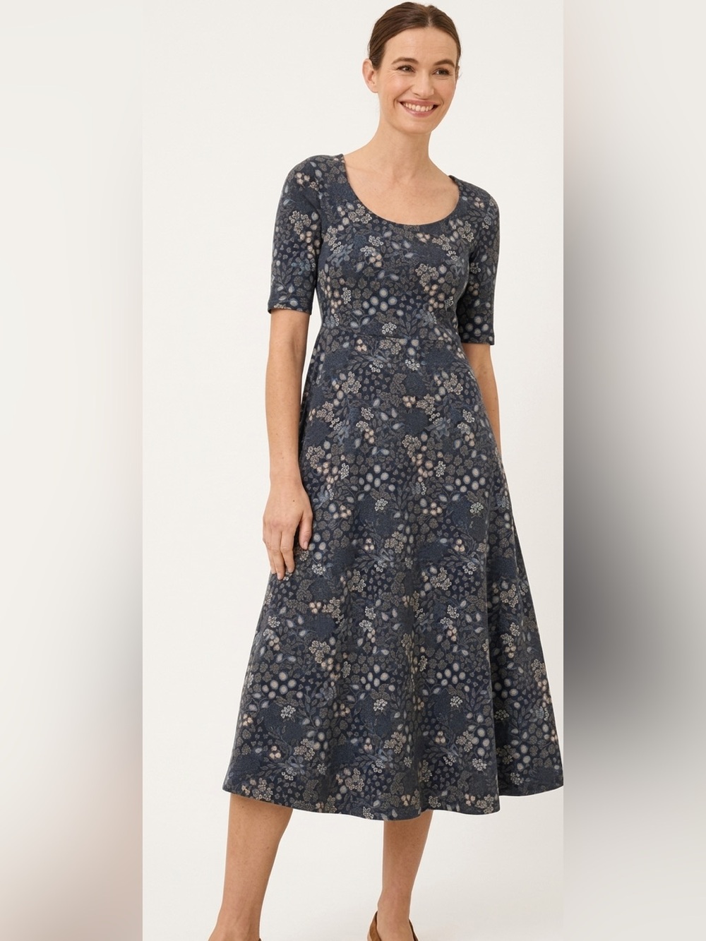 Pact Sz L Blue Floral Organic Cotton Modest Cottagecore Casual Midi Dress